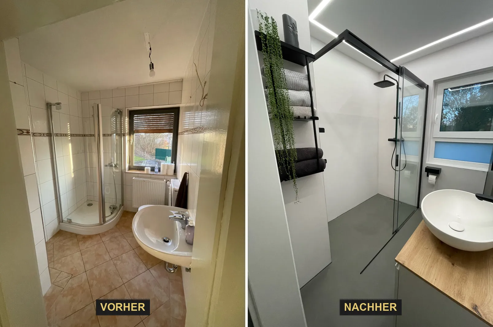 Vorher: gefliestes Bad mit Duschtasse. Nachher: fugenloses Bad mit Terra INCON, bodengleicher Dusche und Waschtisch aus Holz