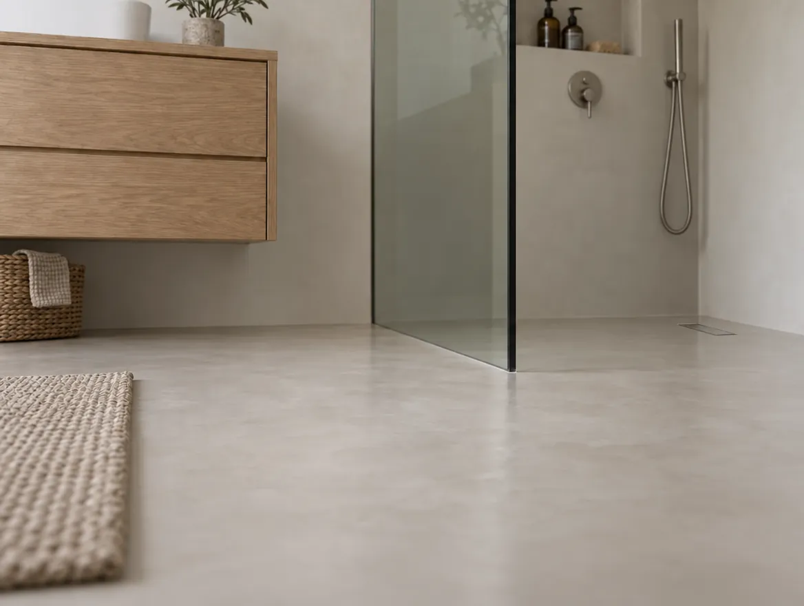 Fugenloser Boden in Greige, der ohne Schwelle in die Dusche läuft