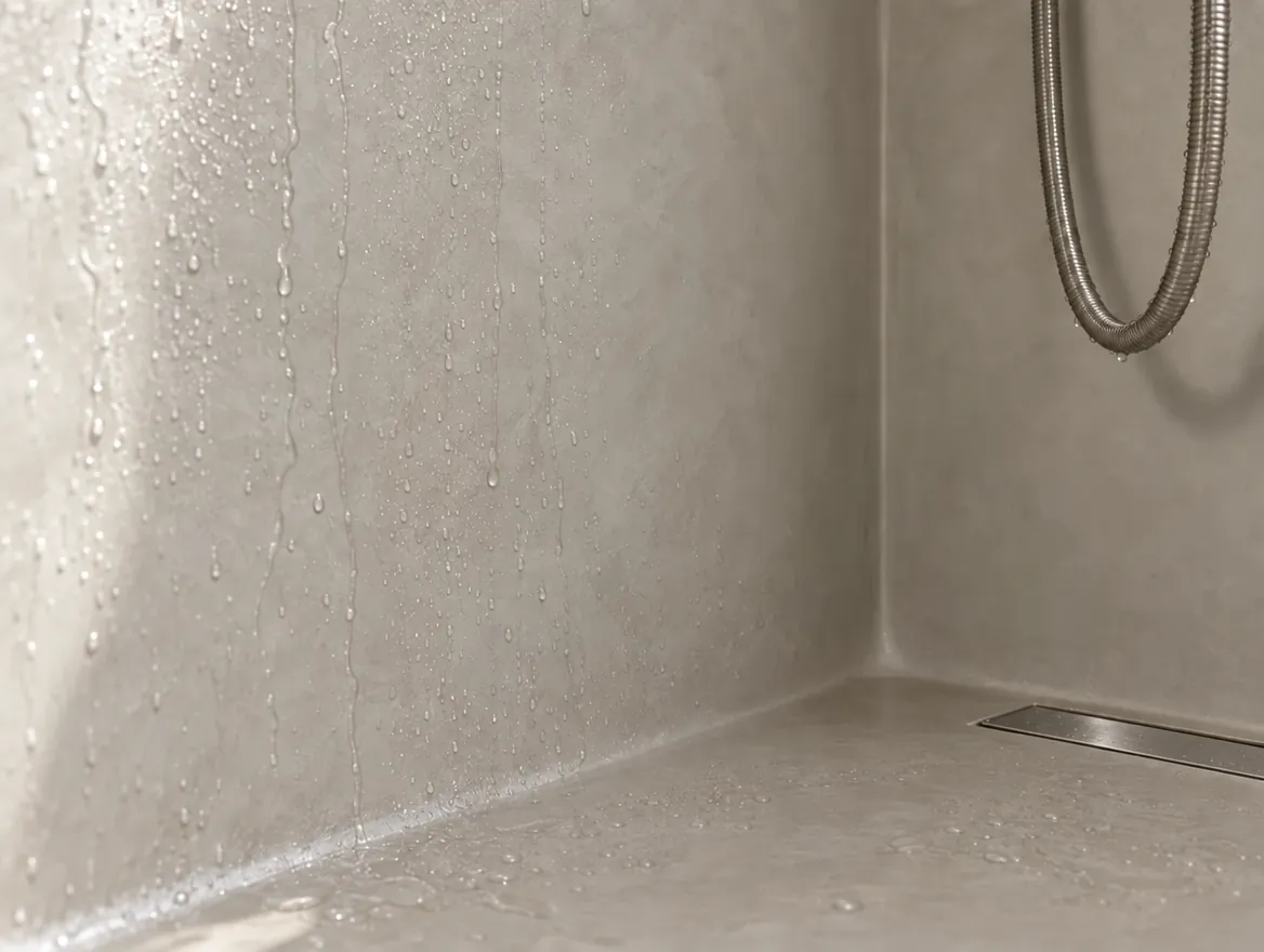 Gespachtelte Duschwand mit Wassertropfen und fugenloser Innenecke