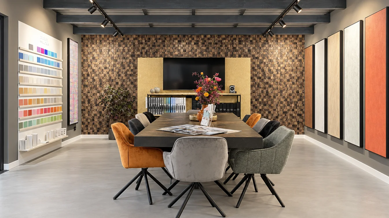 Beratungstisch im Terra-Lilia-Showroom vor der Mosaikwand, Musterwände links und rechts