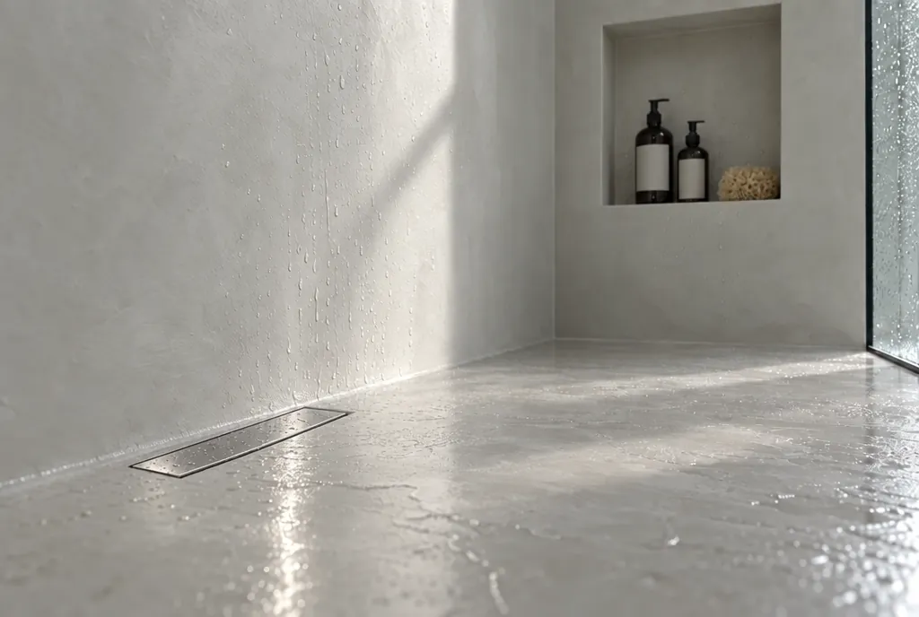 Visualisierung: bodengleiche Dusche mit Glaswand, Nische und kurzer Edelstahlrinne APERTIO