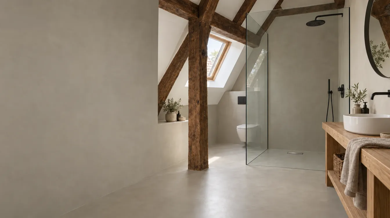 Visualisierung: Altbau-Bad unter Eichenbalken mit fugenloser Wand und Boden in Greige und bodengleicher Dusche