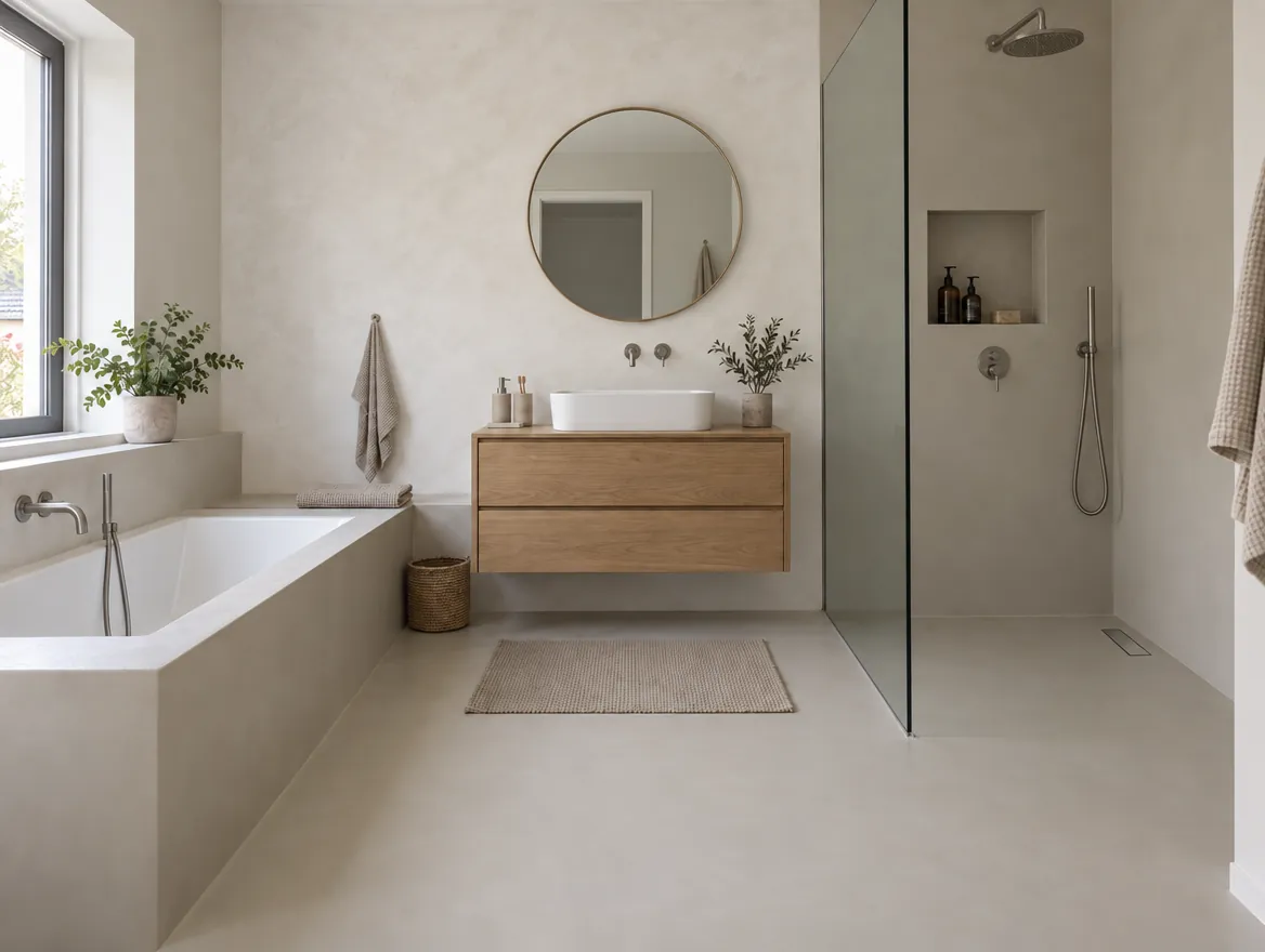 Visualisierung: Familienbad mit fugenlosem Boden, bodengleicher Dusche mit Rinne und Nische, gespachtelter Wanne und Marmorino-Wand