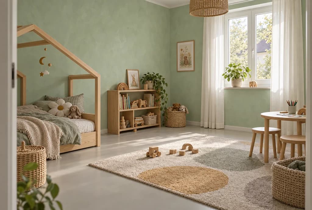 Visualisierung: Kinderzimmer mit Marmorino in Salbeigrün