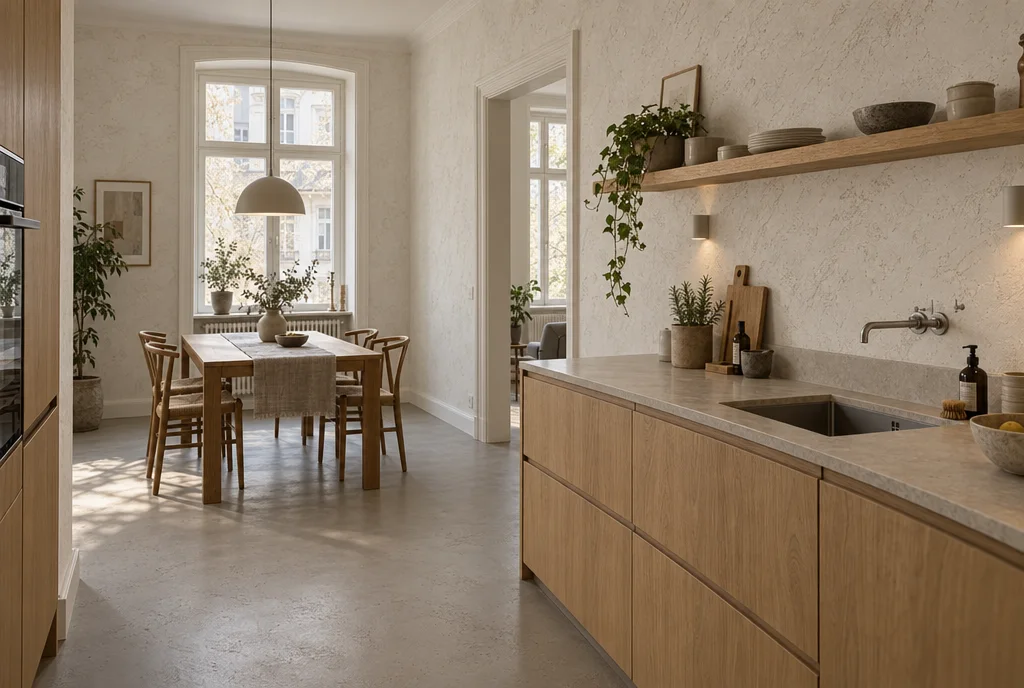 Visualisierung: Altbau-Wohnküche mit Kalkputz Terra CALCE an der Wand und fugenlosem Boden