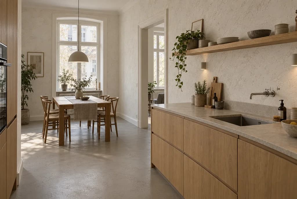 Visualisierung: Altbau-Wohnküche mit Kalkputz Terra CALCE an der Wand und fugenlosem Boden