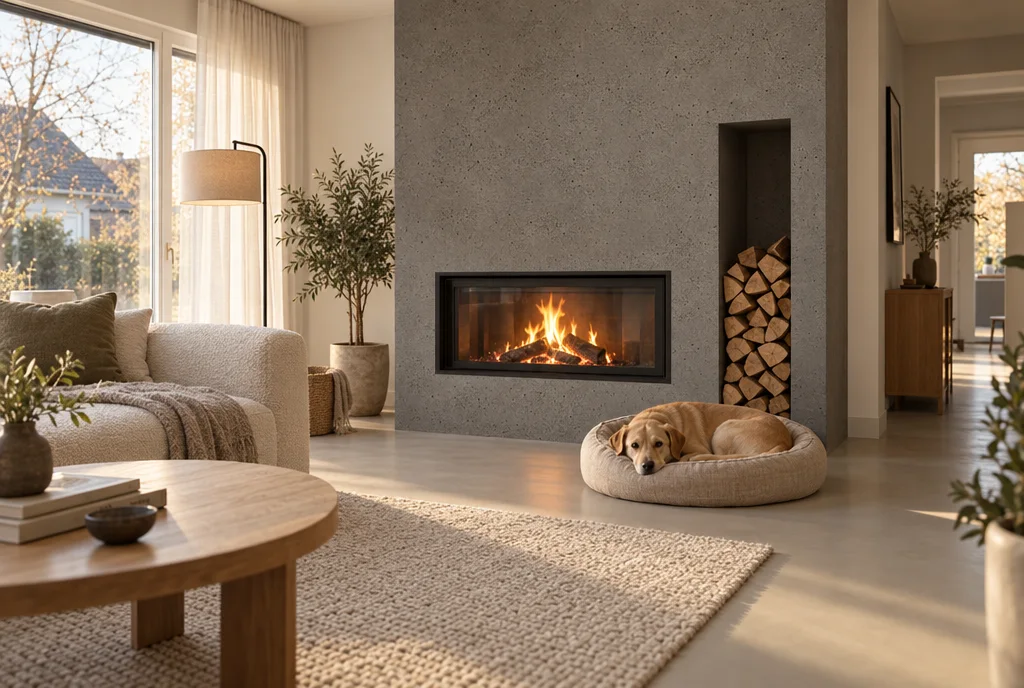 Visualisierung: Wohnzimmer mit Kaminwand in Betonoptik Terra CON, fugenlosem Boden und Hund im Körbchen